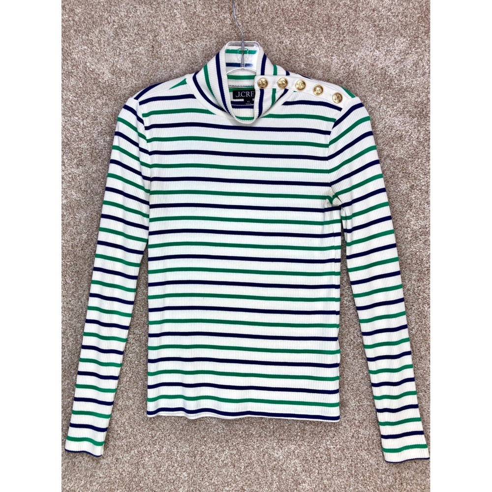 J. Crew Striped Button Shoulder Turtleneck Top Women XS White Blue Ribbed Office - Picture 2 of 8